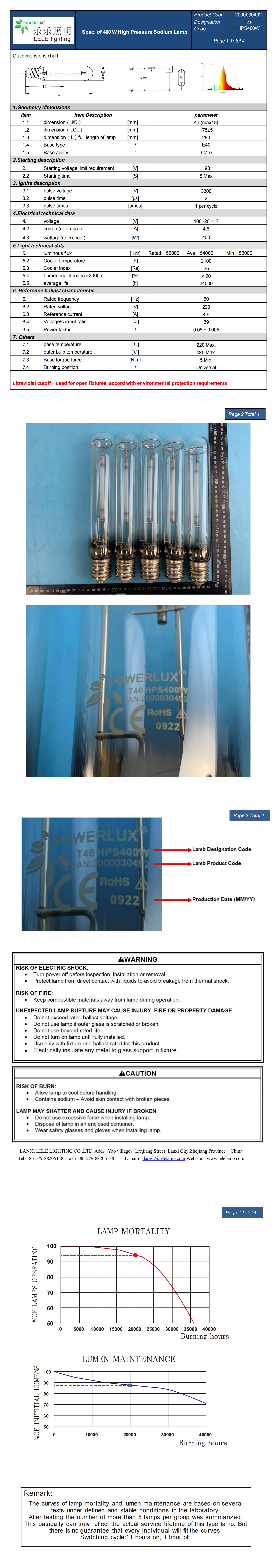 Super T46 HPS400W for Street LightLANXI LELE LIGHTING APPLIANCE CO.,LTD